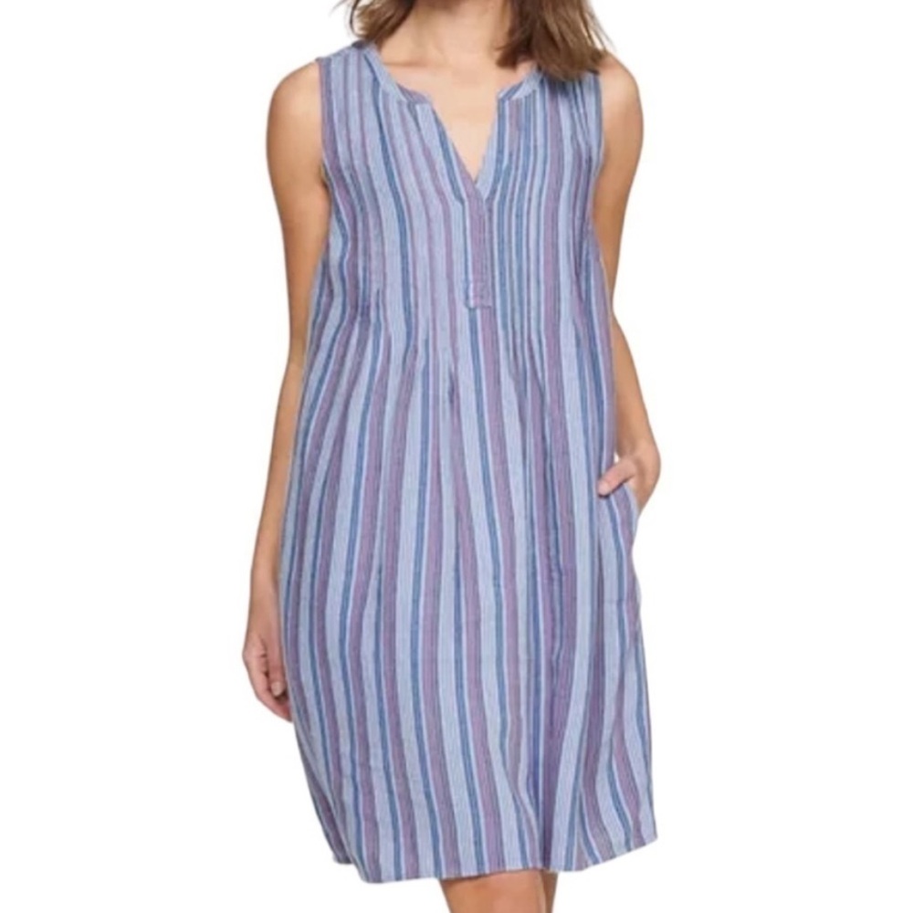 NWT Women’s Sonoma Linen Multicolor Blue Striped Shift Dress